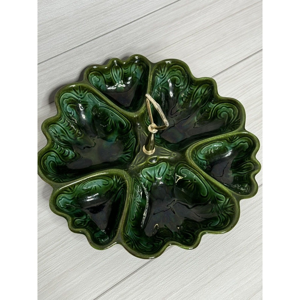 Vintage Art Deco Green Ceramic Divided Serving Tray with Gold Handle Floral Leaf